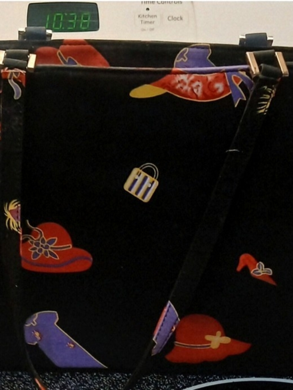 Black Tote Bag with Red & Purple Hat Print